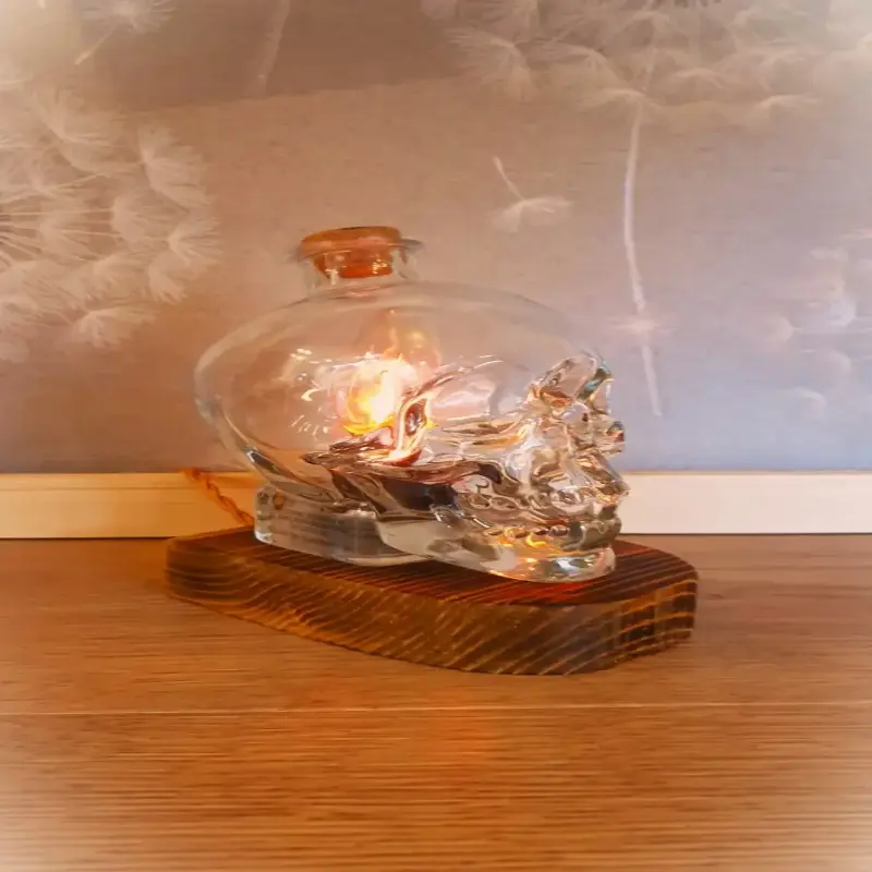 Glass Skull  Light Bottle on Wooden Base - Gothic Home Décor, Unique Artistic Ambience Lamp, Warm Glow, Table Lamp, Gift for Him, Cosy Light