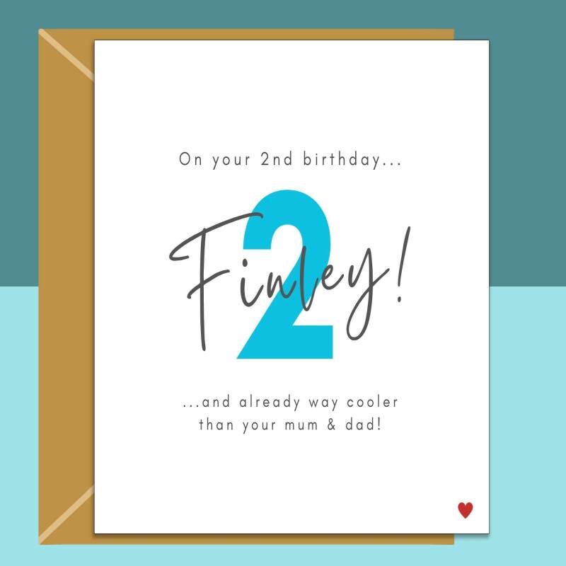 2nd Birthday Card - Funny - Personalised - For nephew, cousin, friend's little boy, godson, grandson, or any other baby turning 2 years old. - Blank inside - Small