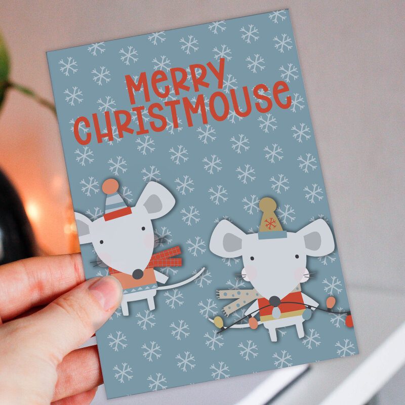 Merry Christmouse mouse, mice Christmas, Holidays, Xmas, cute, festive card for friend, mate, female, girl (Size A6/A5/A4/Square 6x6") - A6: Single card
