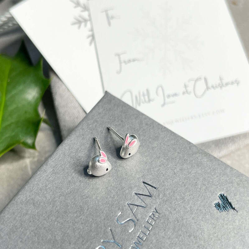 girls silver rabbit earrings, Christmas earrings, little girls xmas gift, gift for her, Bunny earrings, earrings, birthday gift for her, - Default Title