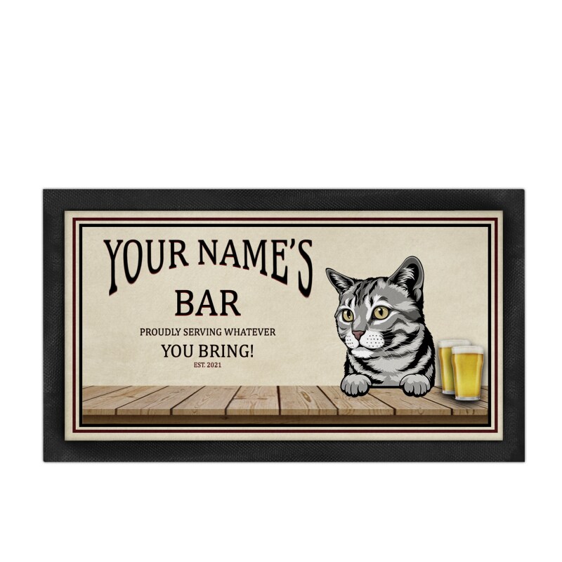 Personalised Cat Bar Runner Mat, Cat Sign & 4 x Drinks Coasters Gift Set Garden Bar Sets / Custom Beer Mats Home Bar, personalised bar mat - Set of 4 Coasters