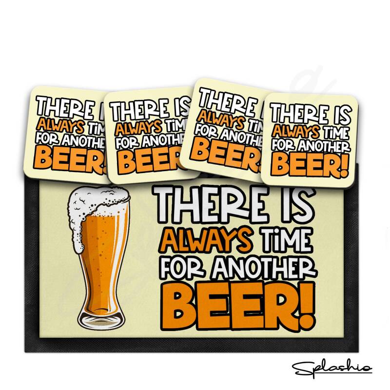 Bar Runner Mat, Always Time for Beer, Beer Mats & 4 x Drinks Coasters Gift Set Garden Bar Sets / Personalised Mats Home Bar - Set of 4 Coasters