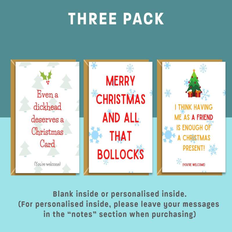 Funny Christmas Cards Bundle - 3 Pack of Xmas Cards - Personalised if needed - For him or For Her - Rude, Adult Christmas Card Pack - Blank inside