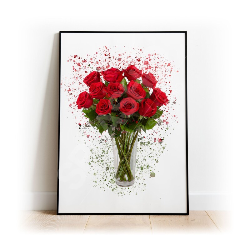 BOUQUET ROSES Splatter Art Print, High Gloss Print, Splash Art, Home Decor, Romantic Art, Floral Prints Custom Art Work - A6