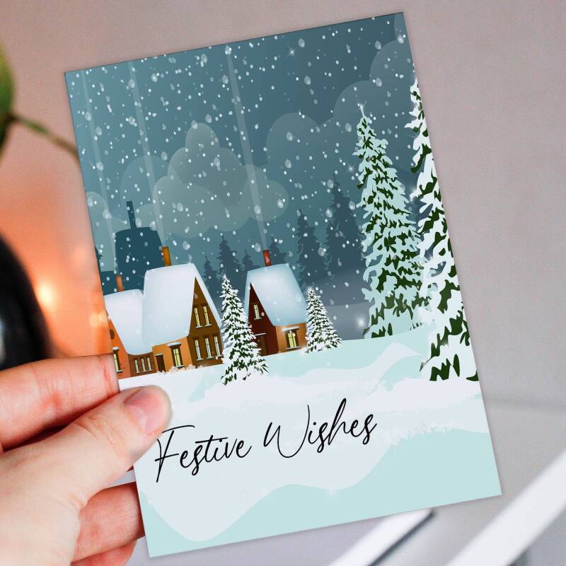 Festive wishes traditional winter, snow scene Christmas, Holidays, Xmas, festive card for friends, neighbours (Size A6/A5/A4/Square 6x6") - A6: Single card