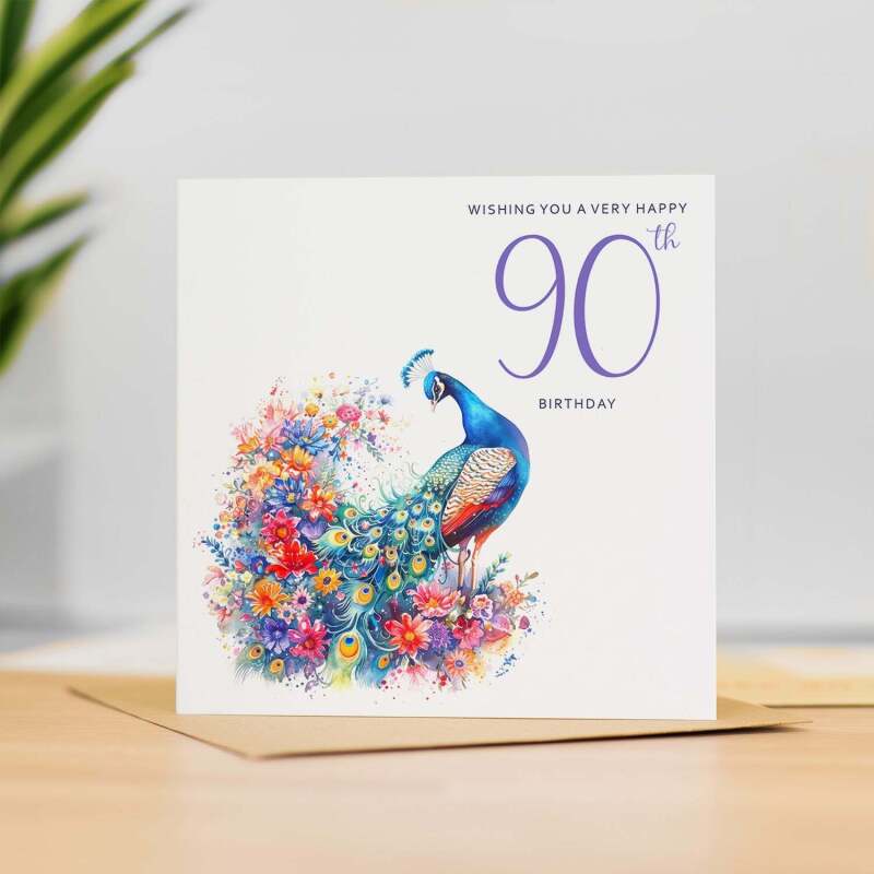 90th Birthday Card With Peacock Illustration Pretty Ninty Card For Mum, Gran or Friend Ninetieth Birthday Card - Square (5.5x5.5) / Blank Inside