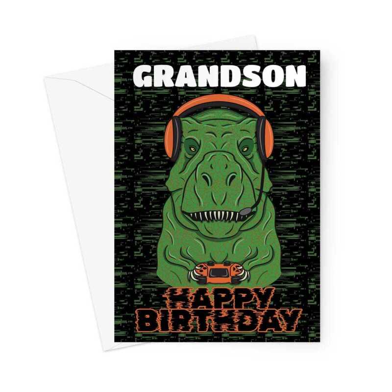 Gamer Birthday Card For Grandson, Funny Gaming T-Rex - A5 Portrait - 1 Card