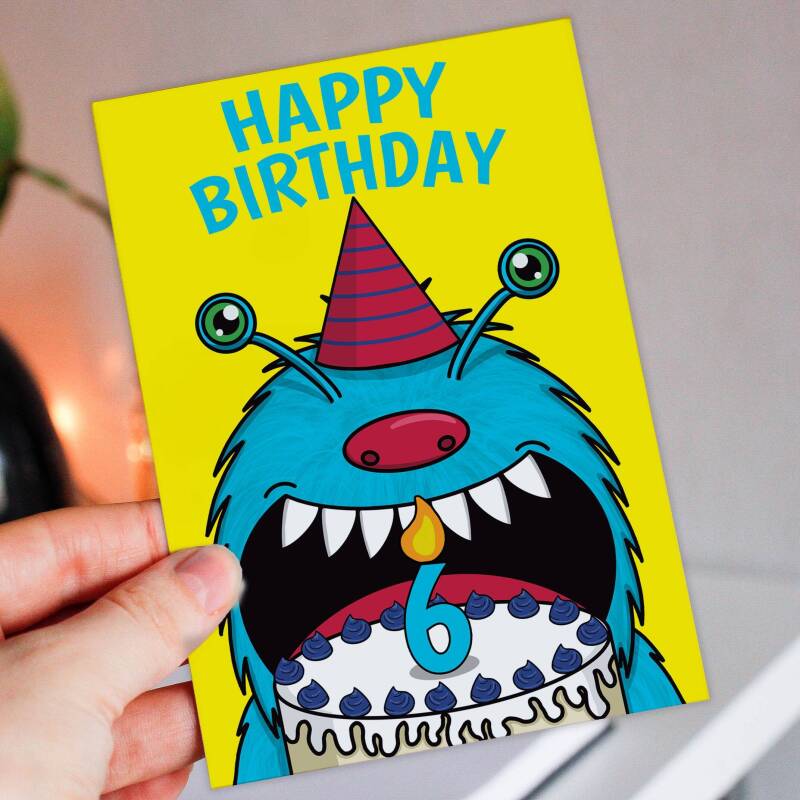 Monster cake 1st, 2nd, 3rd, 4th, 5th, 6th birthday card for children, child, boy, girl, kids, son, daughter (Size A6/A5/A4/Square 6x6") - A6: Single card