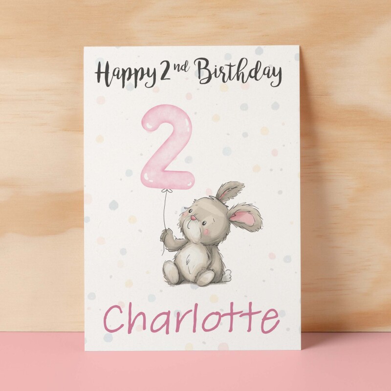 Personalised 1st, 2nd, 3rd, 4th, 5th Birthday Card for Daughter, Granddaughter, Niece, Goddaughter Girls Bunny Rabbit Card - 1 - One - Blank Message