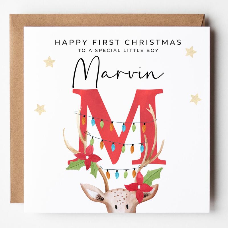 Personalised Children's First Christmas Card - Reindeer Watercolour Number - 1st Christmas Card for Child - Kids Christmas Gift First Xmas