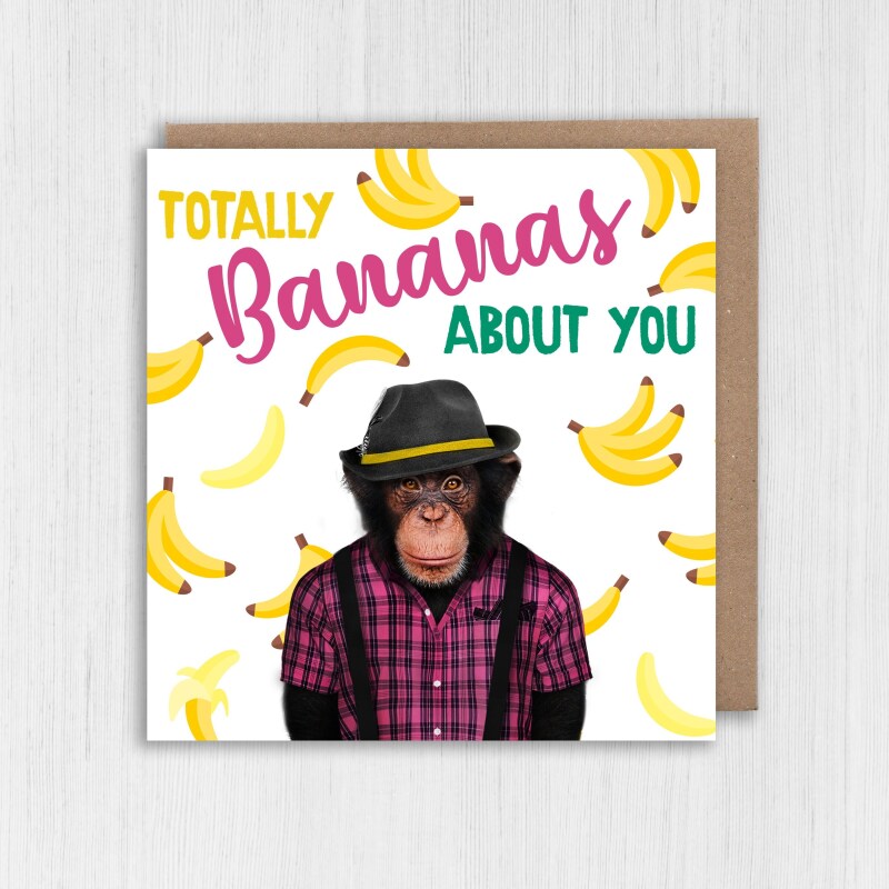 Totally bananas about you monkey in clothes anniversary card for wife, husband, girlfriend, boyfriend (Animalyser) Size A6/A5/A4/Square 6x6" - A6: Single card