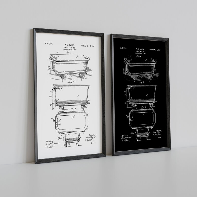 Patent bathroom prints, wall art, decor - A5 - Glossy - Black - Bath and shower