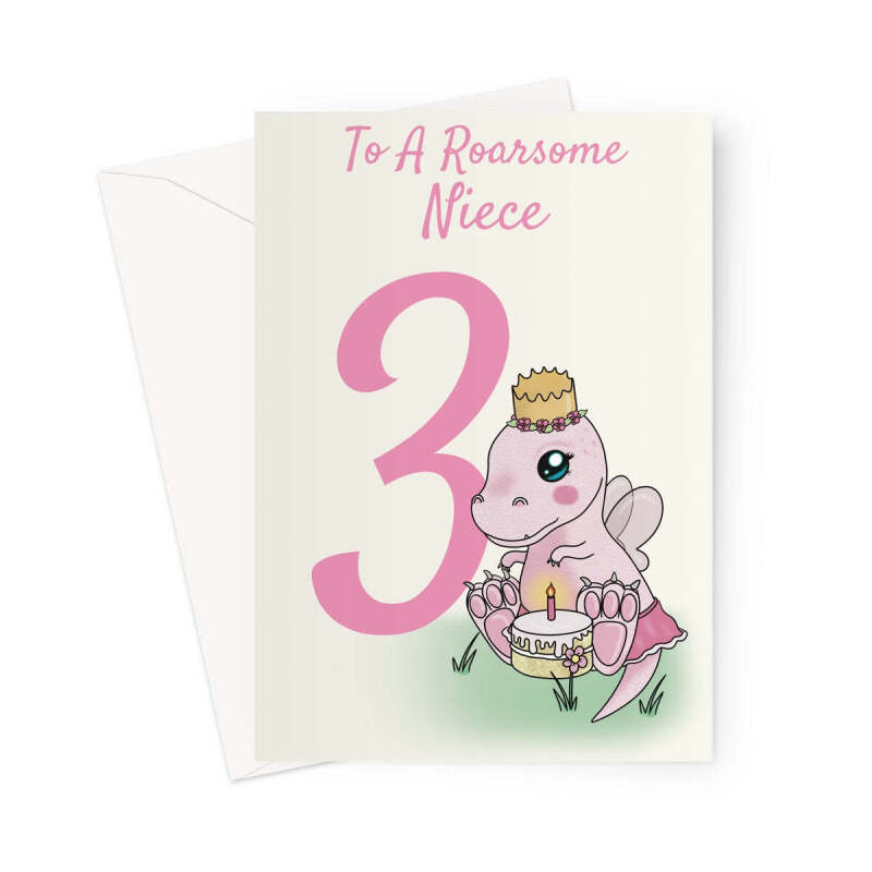 3rd Birthday Card For A Niece - Cute Dinosaur - A5 Portrait - 1 Card