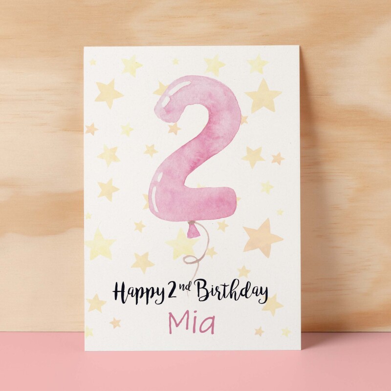 Personalised 2nd Birthday Card For Girl Custom Name Card For Girl Second Birthday Card For Baby Card for Baby Girl Custom 2nd Birthday - Small (4x6) / Blank Message