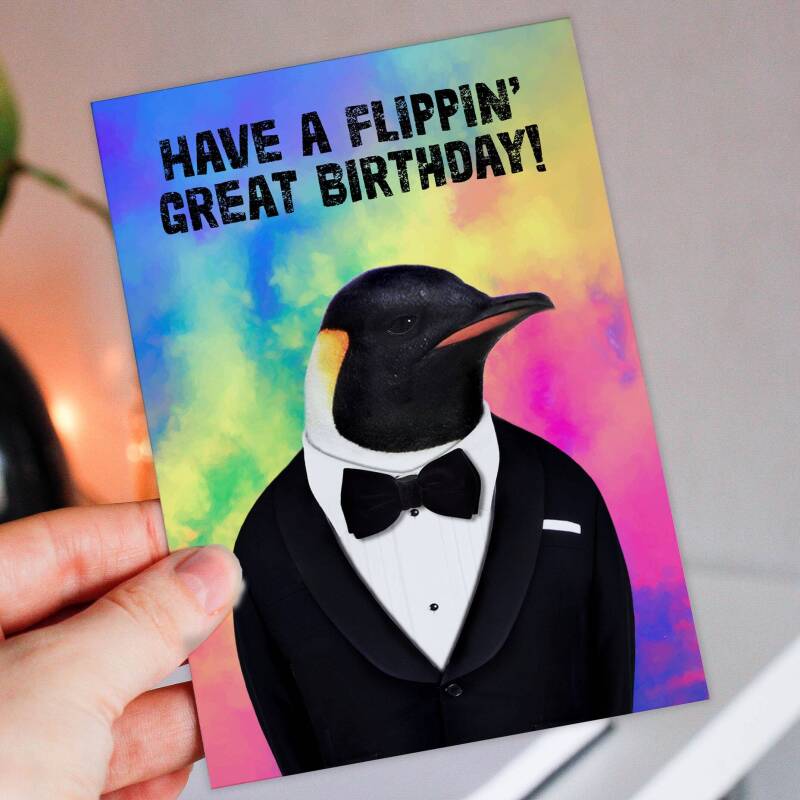 Have a flippin' great birthday penguin in clothes rainbow birthday card for children, niece, nephew (Animalyser) (Size A6/A5/A4/Square 6x6") - A6: Single card