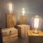 Buy 2 different size's get 3rd Free any size !! Edison Filament Bulbs in Wooden Block Bases, Rustic & Industrial Design, Natural Wood Unique Medium