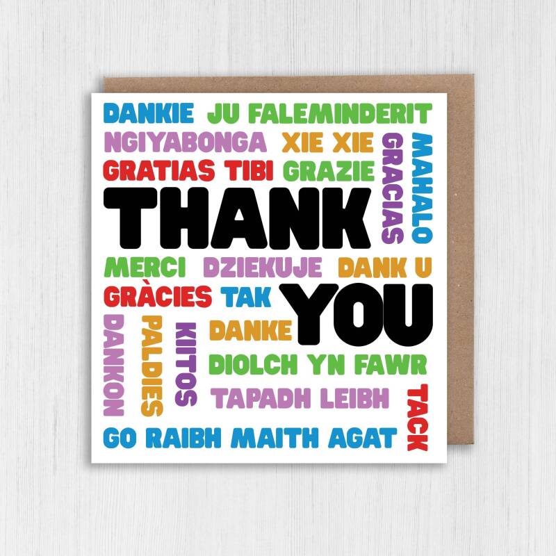 Thank you in different languages, merci, danke, gracias, grazie, tak, xie xie, kiitos card for friend, teacher (Size A6/A5/A4/Square 6x6") - A6: Single card