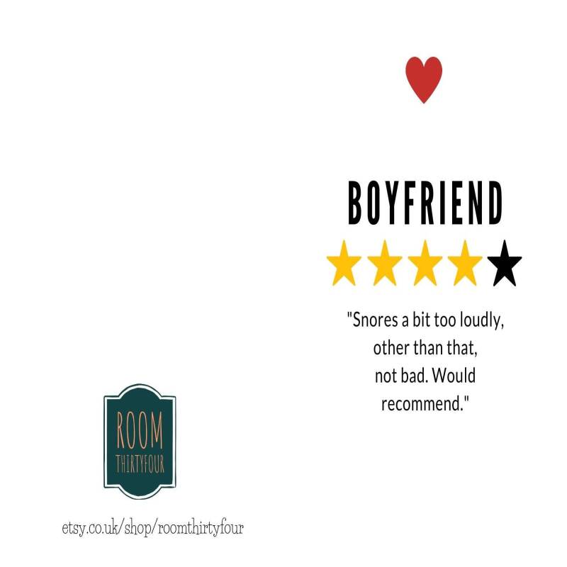 Boyfriend - 4 Stars - Valentine's Card - For him - Snores too much!
