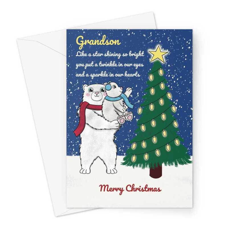 Merry Christmas Card For Grandson - Cute Polar Bears - A5 Greeting Card - A5 Portrait - 1 Card