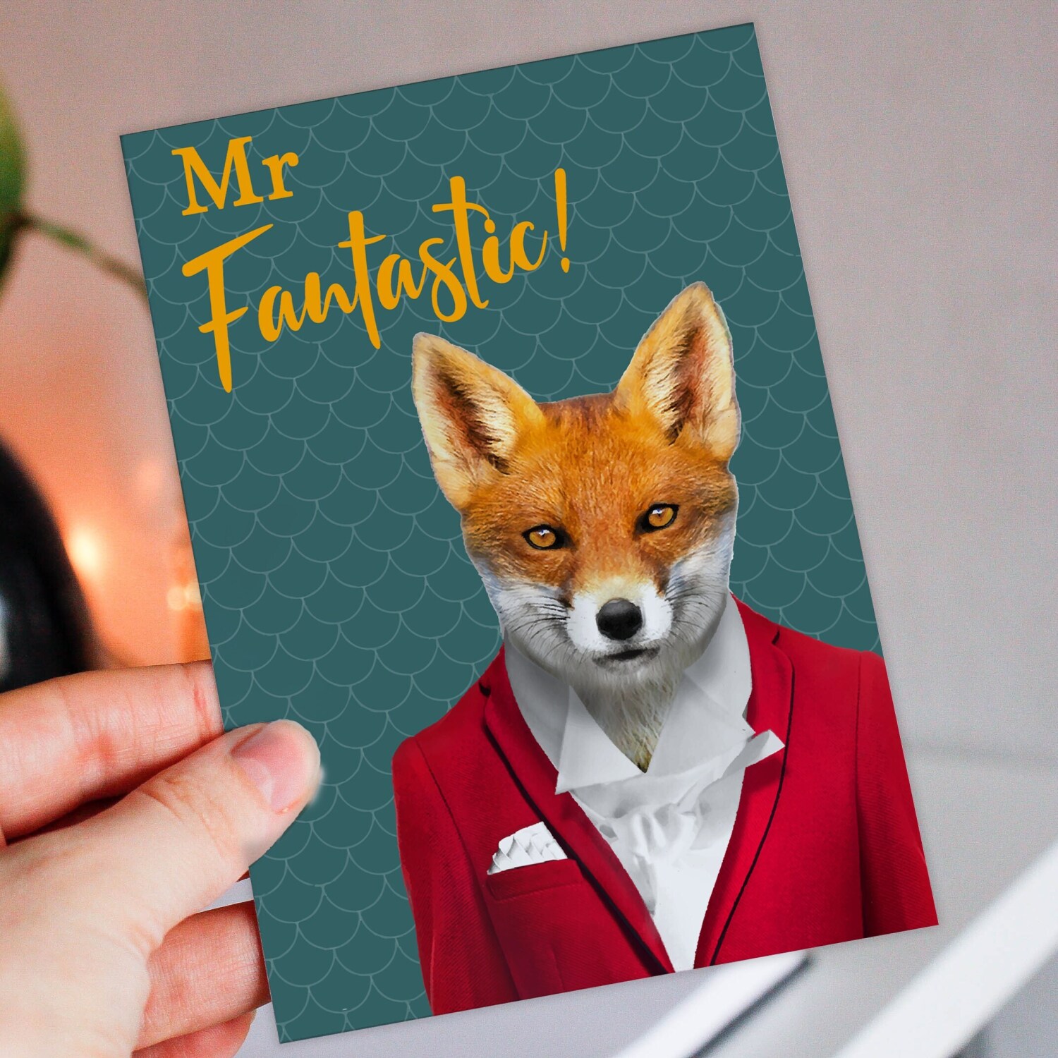 Mr Fantastic cute fox, animal in clothes Valentine’s Day card for husband, boyfriend, male partner (Animalyser) (Size A6/A5/A4/Square 6x6") - A6: Single card