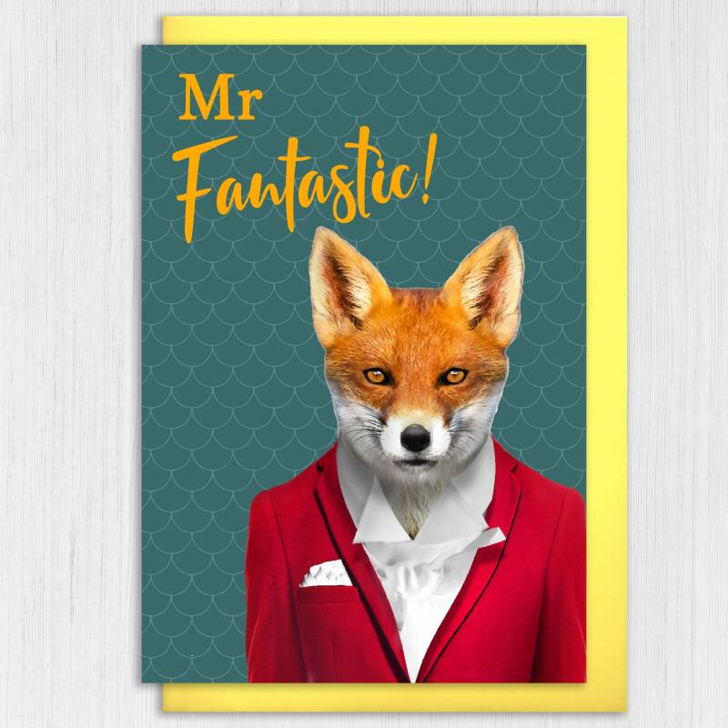 Mr Fantastic fox, animal in clothes cute anniversary card for husband, boyfriend, male partner (Animalyser) (Size A6/A5/A4/Square 6x6") - A6: Single card