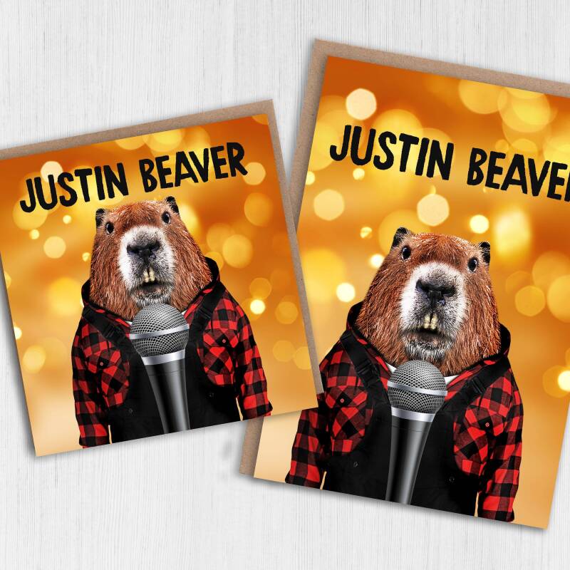 Justin Beaver funny beaver animal in clothes birthday card for children, kids, friend, cousin (Animalyser) (Size A6/A5/A4/Square 6x6") - A6: Single card