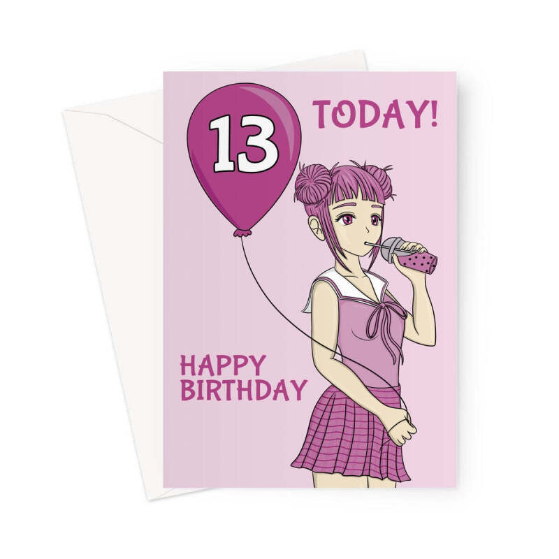 Cute 13th Birthday Anime Girl Card - A5 Portrait - 1 Card