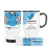 Hello My Name is Badge & Travel Mug -Name Badge, Nurse Badge Scrubs Name Badge, Perfect NHS Name Badge. Personalised Nurse Mug + Name Badge