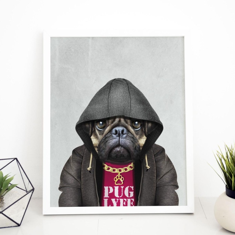 Pug dog in clothes, animal print, wall art - A5 - Glossy - Blue