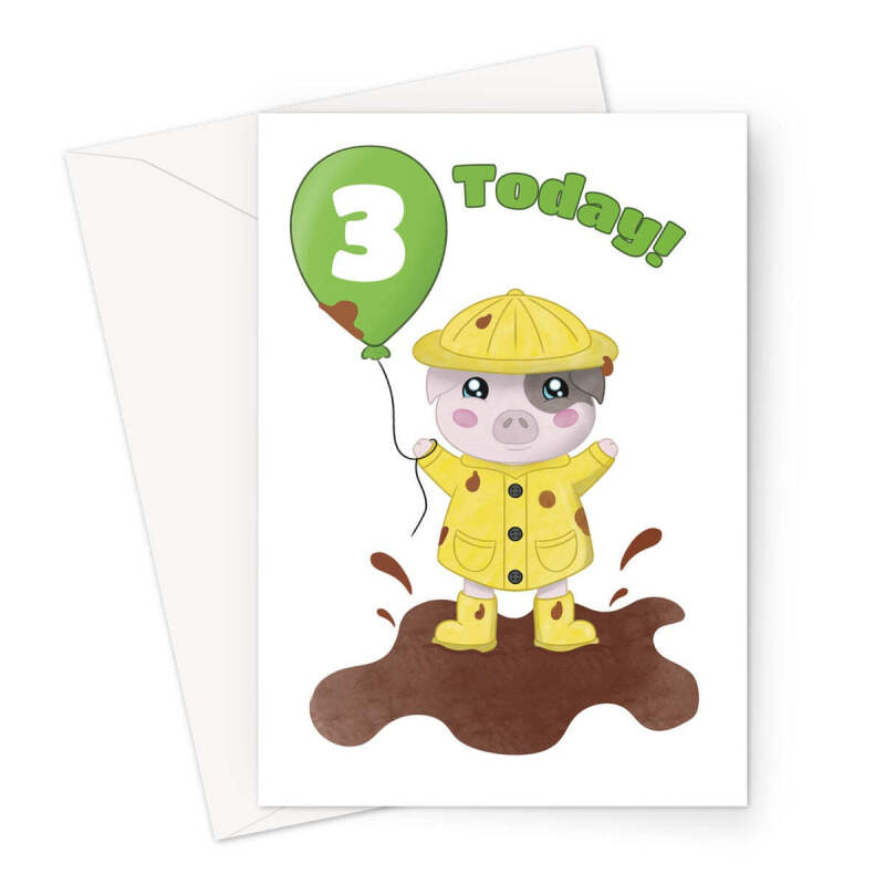 Cute Pig Age 3 Birthday Card For Child - A5 Portrait - 1 Card