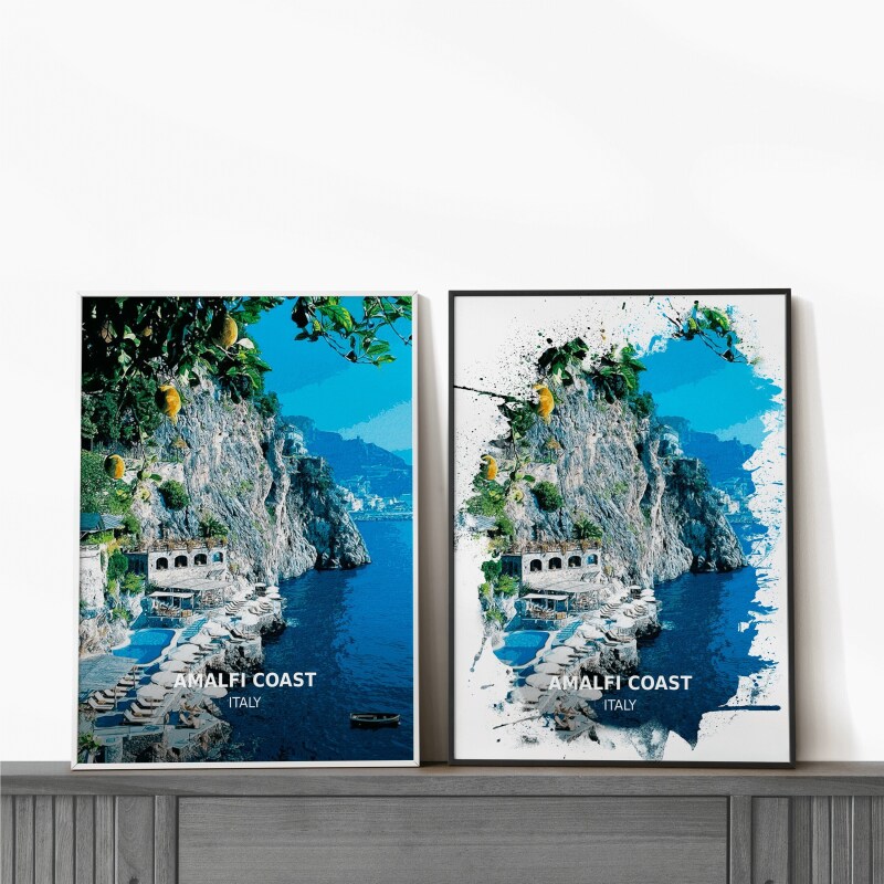 The Amalfi Coast Art Print, Italy Wall Art, The Amalfi Coast Poster, The Amalfi Coast Print, Travel Poster, Travel Gift, Itally Amalfi Coast - A4 Print Only - Splash Effect