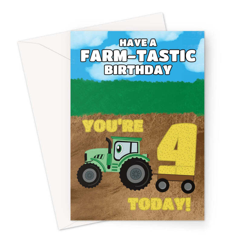 Cute Tractor 4th Birthday Card - A5 Portrait - 1 Card