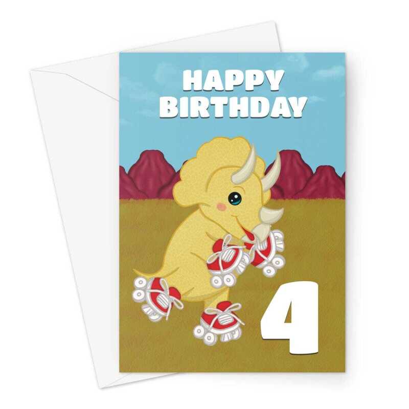 Triceratops 4th Birthday Card - Roller Skating - A5 Portrait - 1 Card