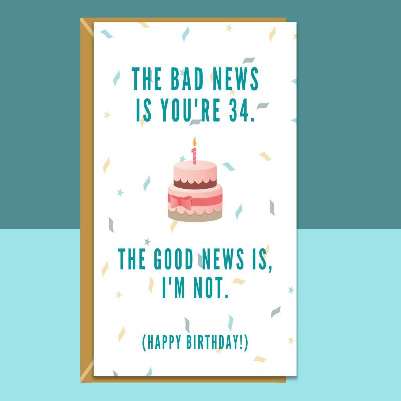 Funny 34th Birthday Card - For Him or For Her - Ideal for friend, brother, sister, colleague, anyone else turning 34 years old - Personalise - Blank inside