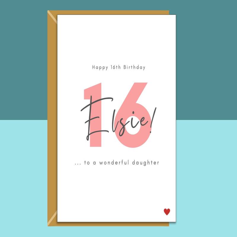 16th Daughter Birthday Card - Personalised - For your Daughter turning 16 years old. Customised. Sweet 16. - Blank inside - Small