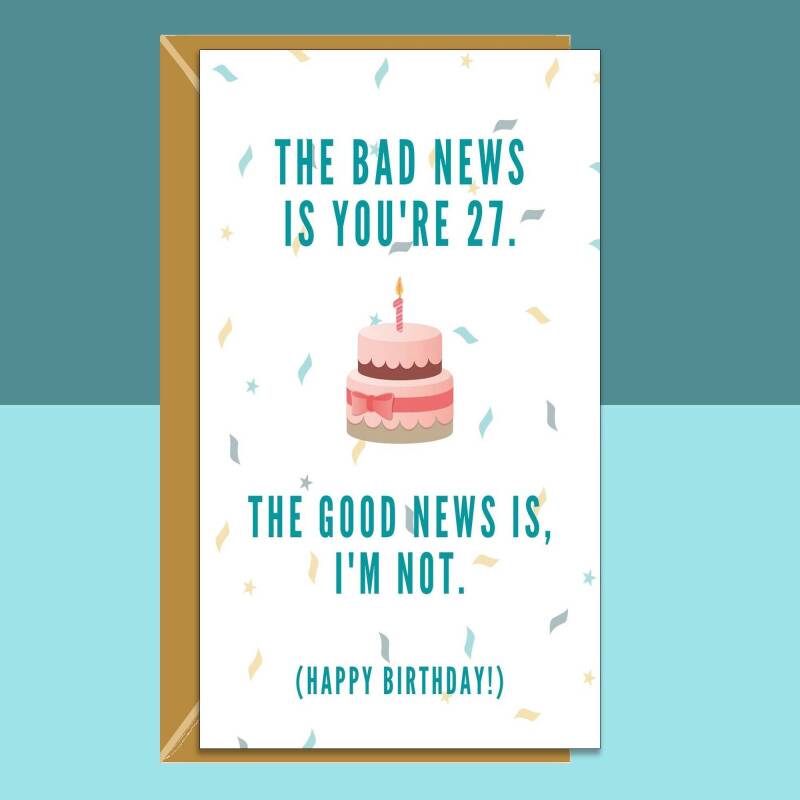 Funny 27th Birthday Card For Him or For Her on turning 27 years old - Ideal for friend, colleague, sibling - Can be personalised - Blank inside