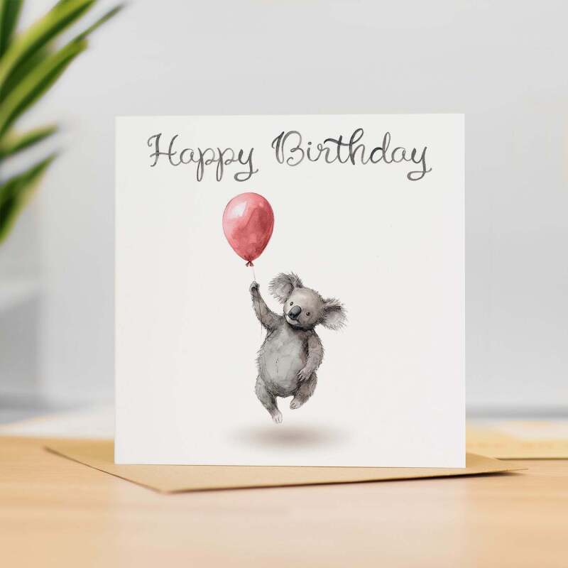 Birthday Card for Child Birthday Card For Kids Birthday Card For Her or Him Cute Koala Birthday Card With Birthday Balloons For Boy or Girl - Square (6x6) / Blank Message