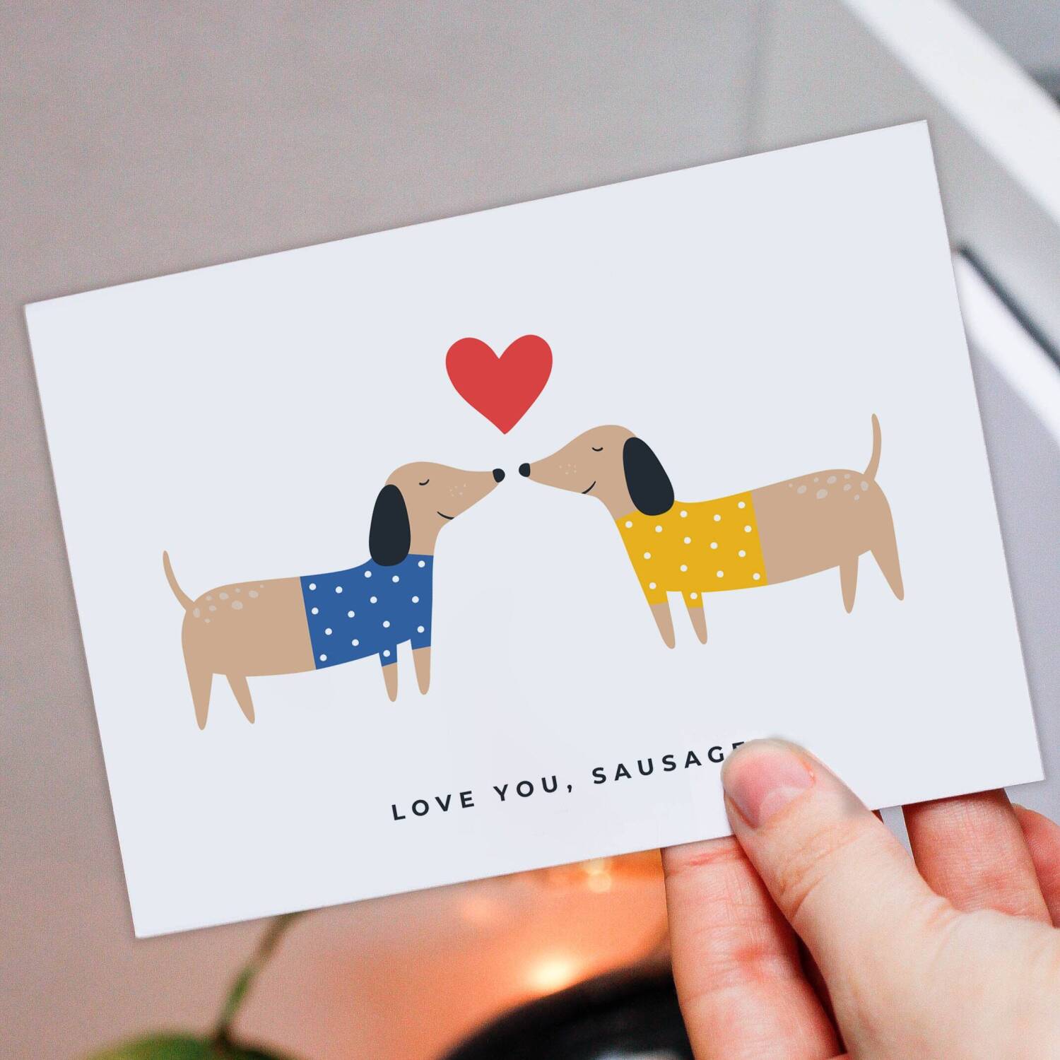 Love you sausage dog Valentines Day card for dog lover, dog owner, husband, wife, boyfriend, girlfriend, partner (Size A6/A5/A4/Square 6x6") - A6: Single card