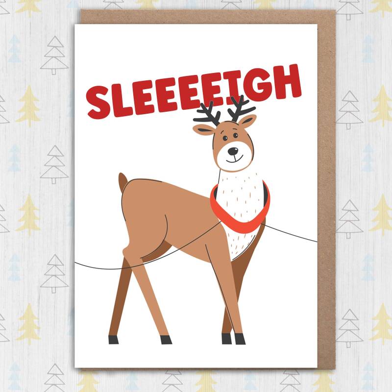 Sleeeeigh funny reindeer slay LGBTQ+ gay, lesbian Christmas card for adults, male, female, friends, mates (Size A6/A5/A4/Square 6x6") - A6: Single card