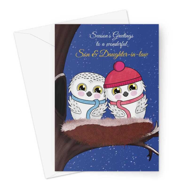 Merry Christmas Card For Son and Daughter-In-Law  - Owls - A5 Greeting Card - A5 Portrait - 1 Card