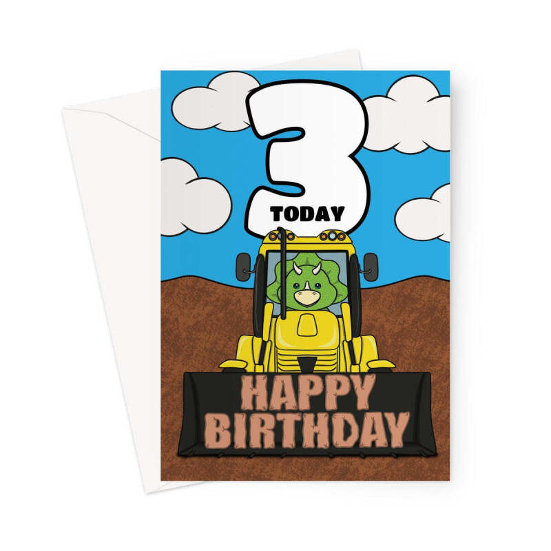 3rd Birthday Card For A Boy - Dinosaur And Diggers - A5 Portrait - 1 Card