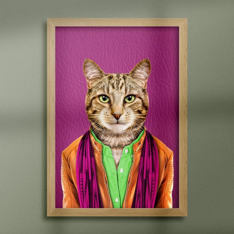 Cat in clothes, animal print, wall art - A5 - Glossy - Green