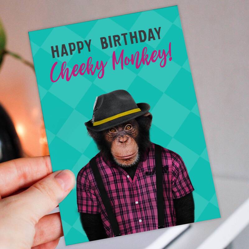 Happy birthday cheeky monkey cute animal in clothes birthday card for child, niece, nephew, son, daughter (Animalyser) Size A6/A5/A4/Square - A6: Single card