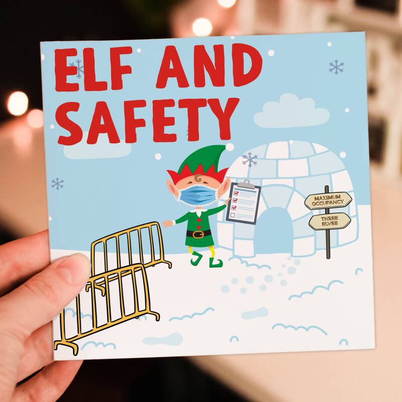 Elf and safety maximum occupancy funny health and safety Christmas, Holidays, Xmas, festive card for colleague (Size A6/A5/A4/Square 6x6") - A6: Single card