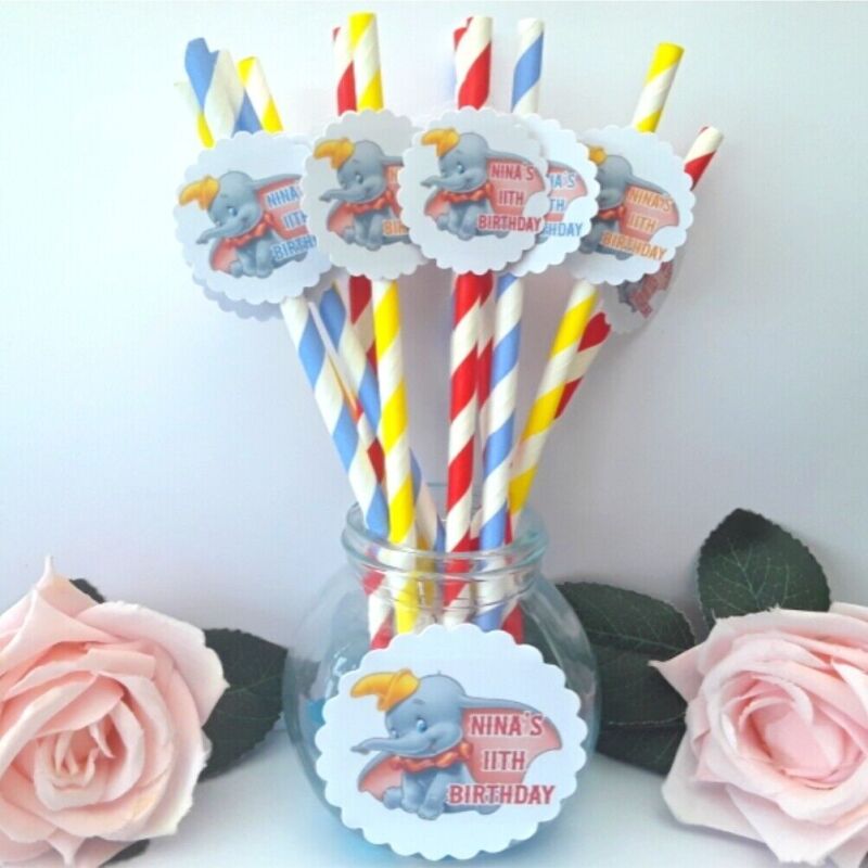 6 Personalised Dumbo Straws,ANY AGE Dumbo Birthday,Dumbo Straws, Dumbo Party Dec - Mix blue red yellow