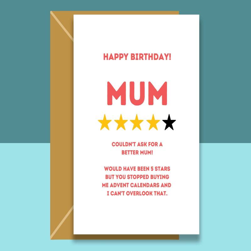 Funny Mum Birthday Card - 4 Stars - Best Mum - Sarcastic - 40th, 50th, 60th and more. For her - Personalised if required. - Blank inside - Regular