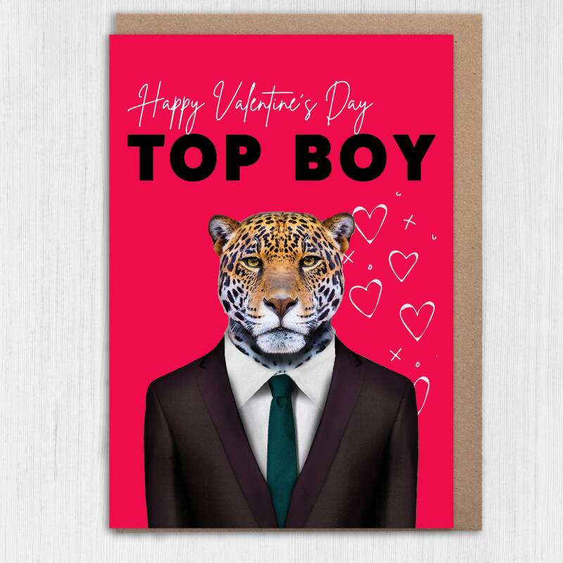 Happy Valentine's Day Top Boy Jaguar animal in clothes card for boyfriend, husband, male partner (Animalyser) Size A6/A5/A4/Square - A6: Single card