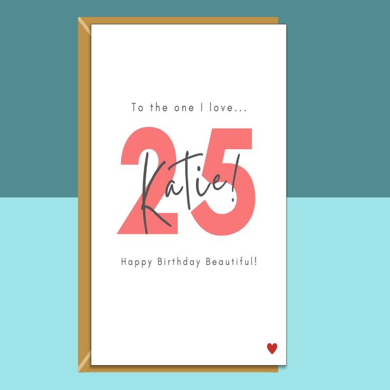 25th Birthday Card - personalised - for girlfriend, wife, Fiance - The one I love - 25 year old - Blank inside - Small