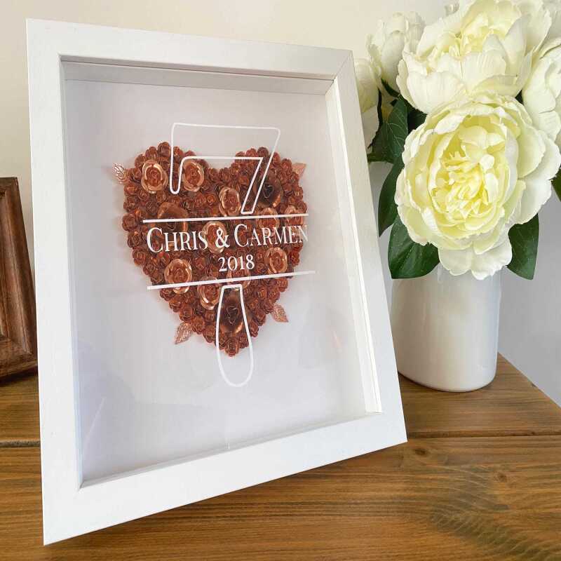 7th Anniversary Gift, Copper Heart Shadow Box, Personalised Copper Flowers, 7 Year Anniversary Frame, Custom Wedding Anniversary Gift - White