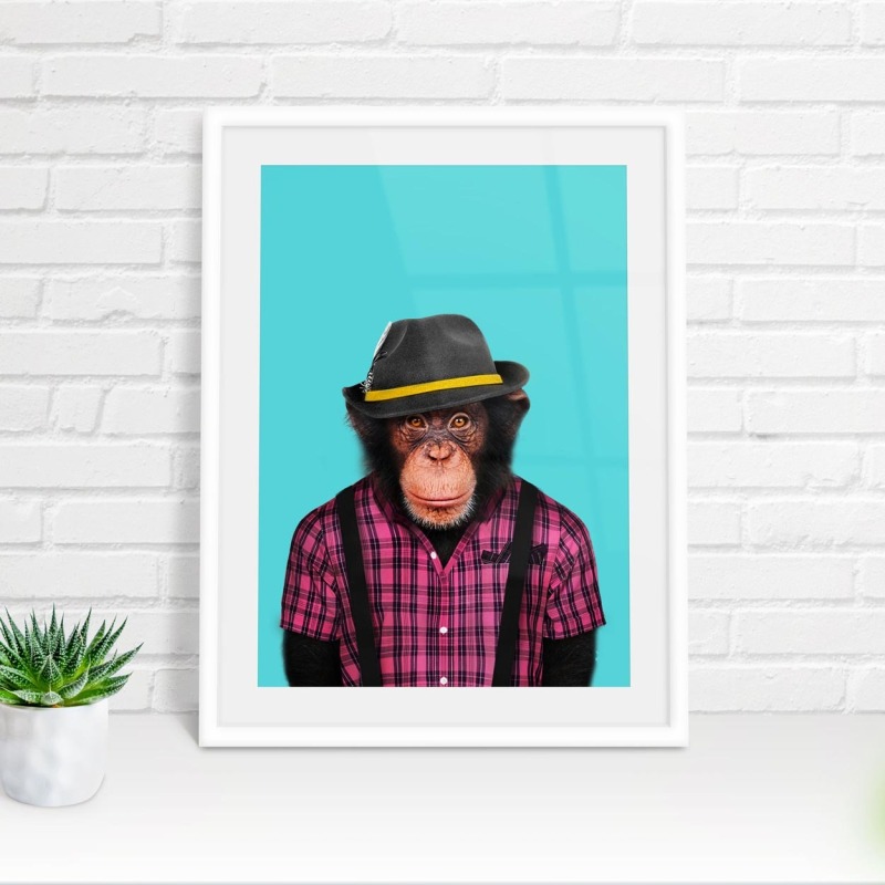 Monkey in clothes, animal print, wall art - A5 - Glossy - Blue